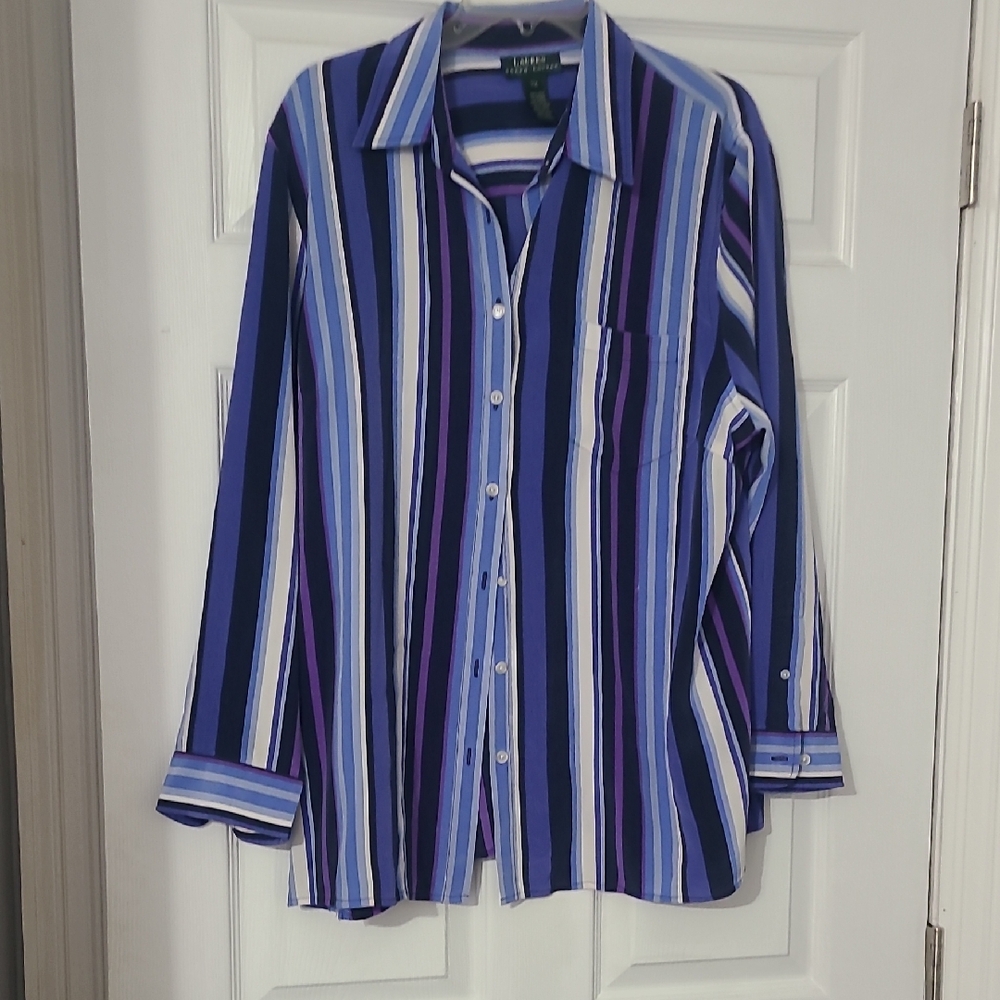Ralph Lauren Blue, Purple & White Vertical Stripe Blouse
